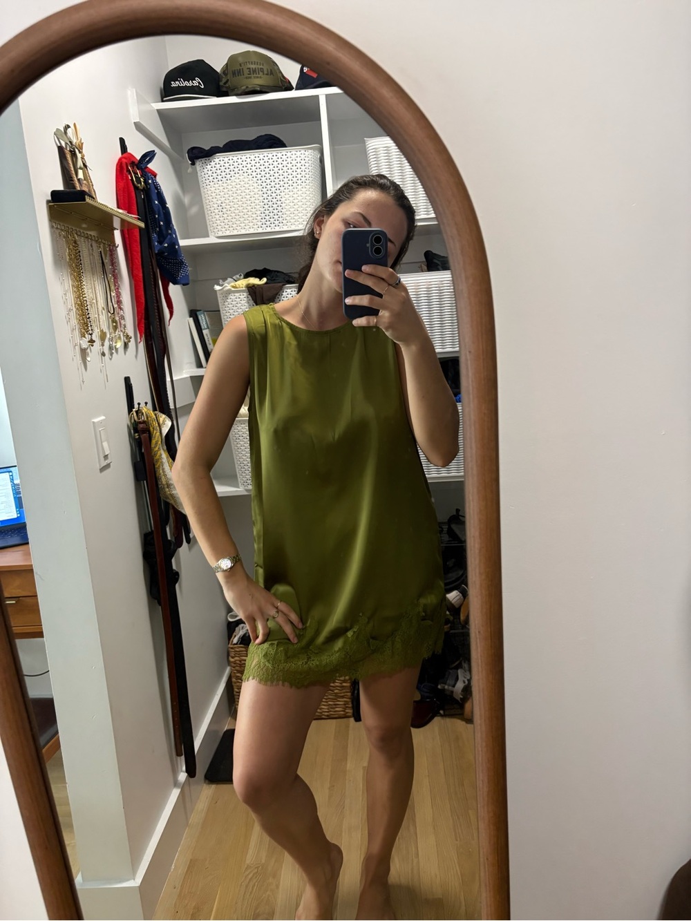 Olive Green Lace Trim Satin Chemise - Women Intimates & Sleepwear